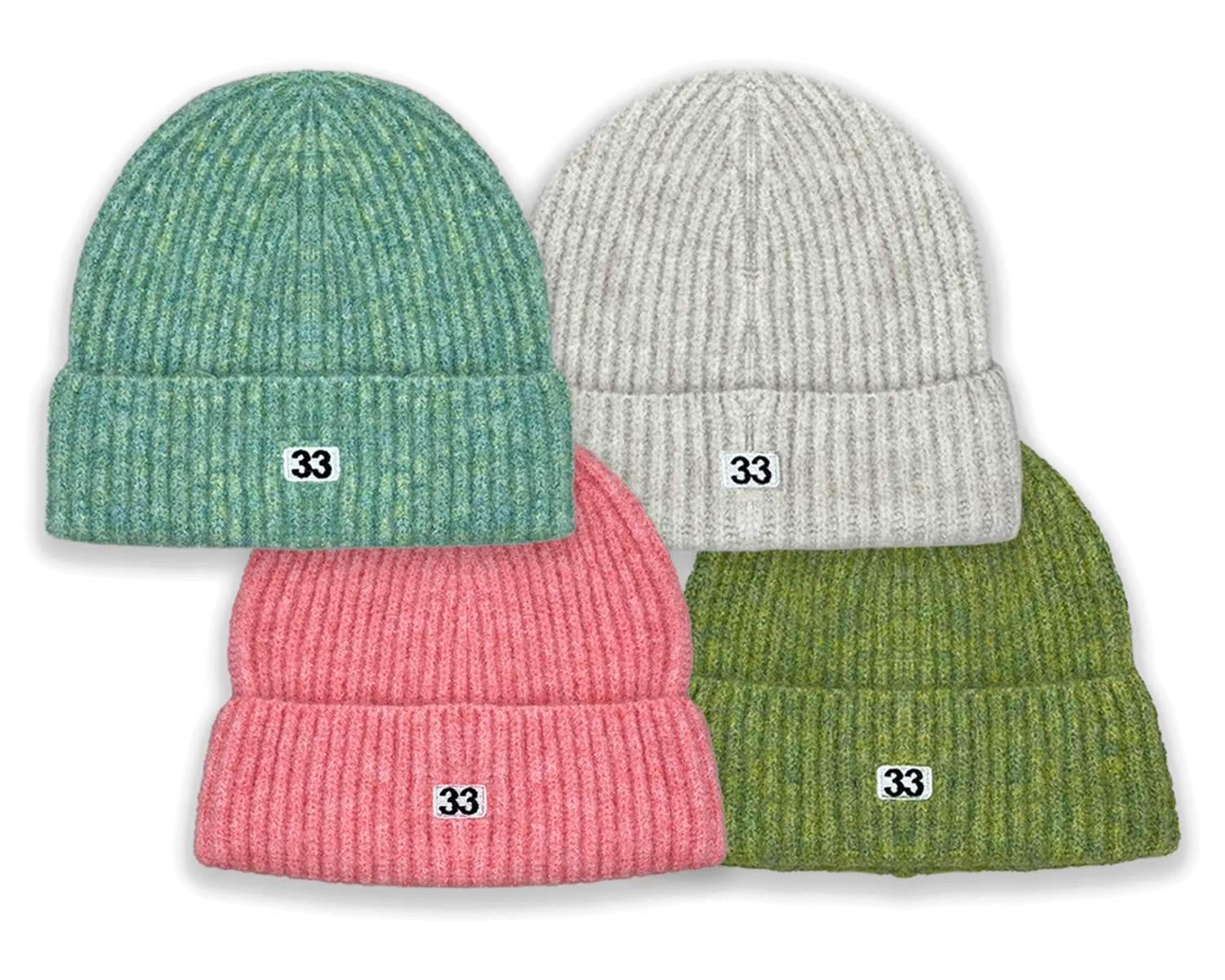 Four ribbed knit beanies in teal, grey, pink and green, each with a small 33 label