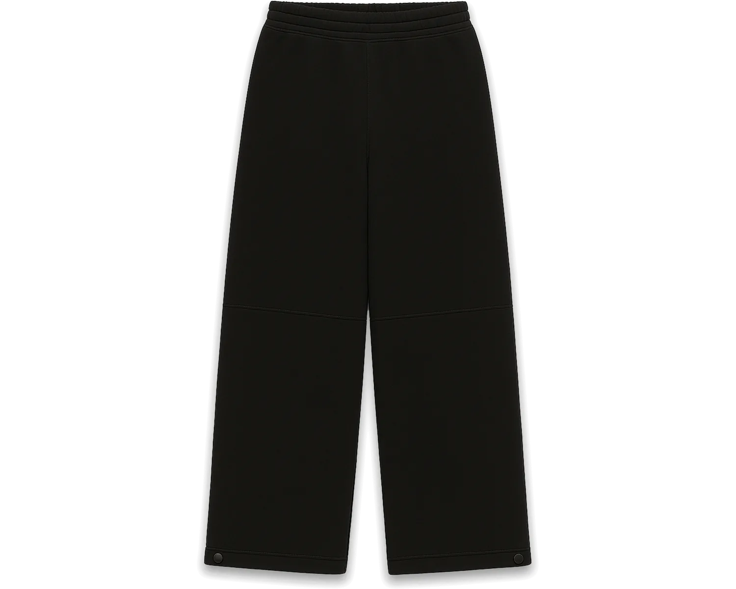 Black sweatpants with a snap at each hem, laid flat
