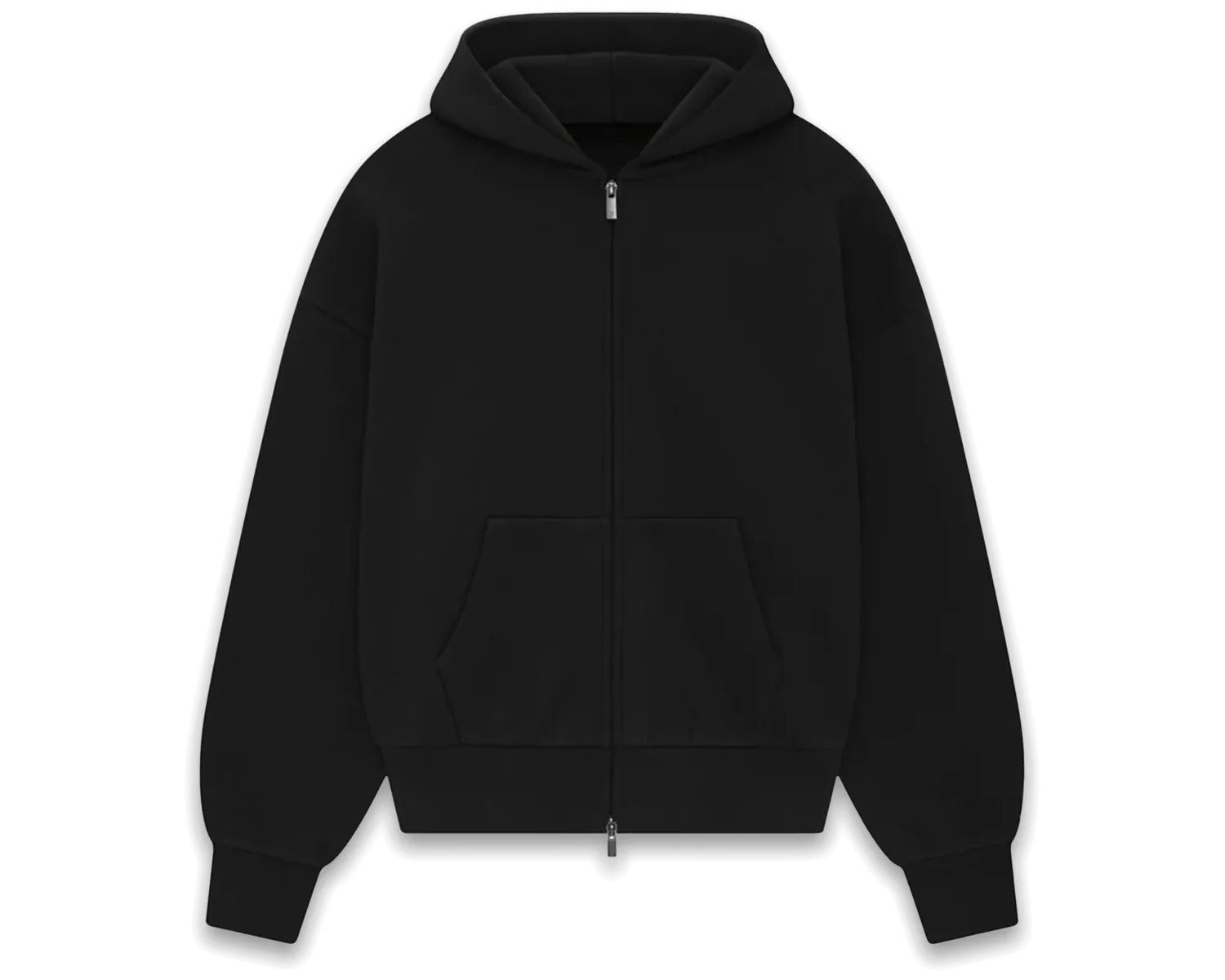 Black zip-up hoodie, laid flat